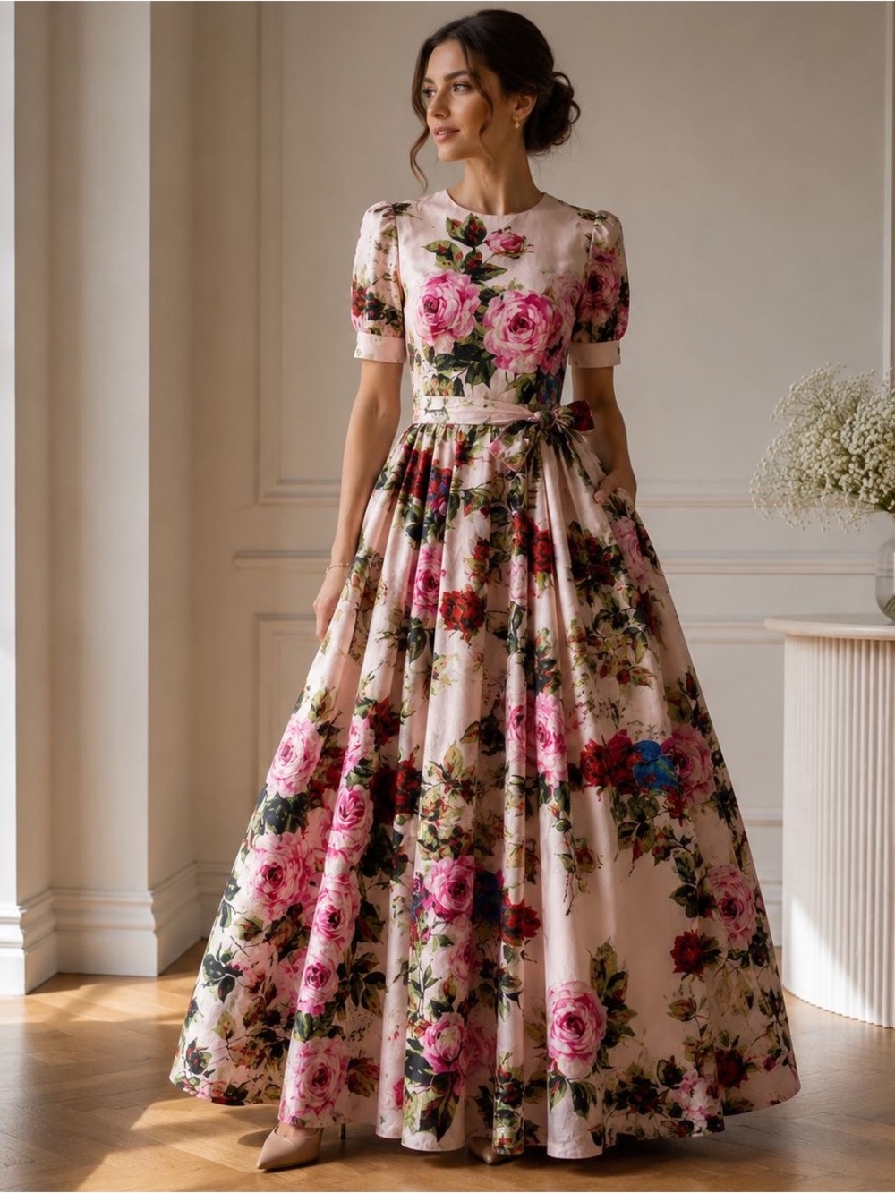 Italian Design Pink Rose Floral Print Cotton Maxi Dress Lusio Size M NWOT